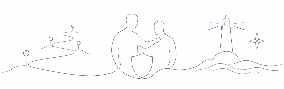Skizze mit Leuchtturm, Weg, Personen die den richtigen Weg besprechen als Symbol für Orientierung und Klarheit.